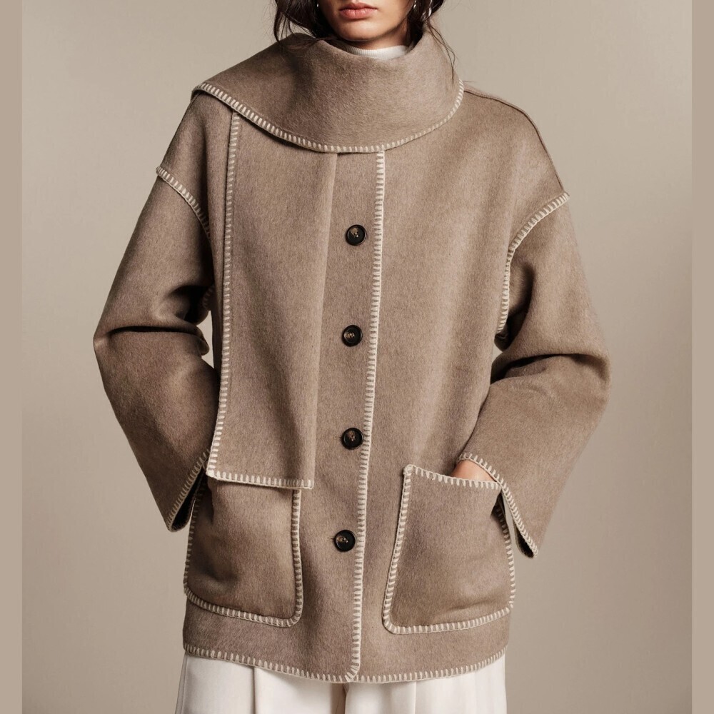 Taupe Whipstitch Trim Oversized Coat with Patch Pockets